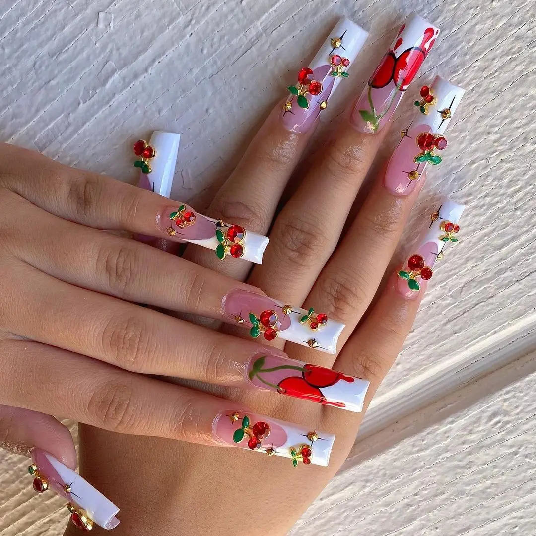 20pcsbag 3D Cherry Nail Charms Red Pink Gems Glitter Stud Fruit Slices for Jewelry 250217