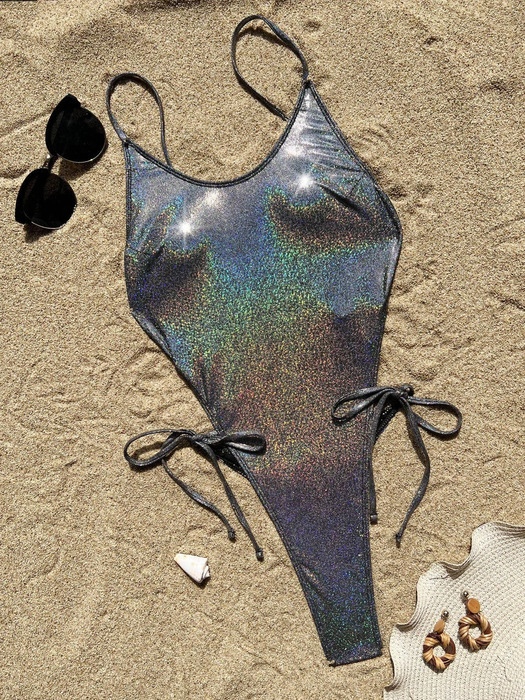 sexy glitter solid silver black backless swimsuit one piece bikini thong swimwear bodysuits women biquini bathing suits tankini 250225