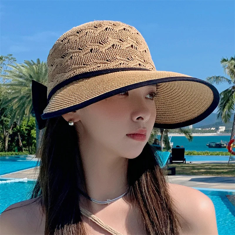 Women Ponytail Straw Sun Hat Wide Brim Visor Summer Adjustable Cap Sun Beach Foldable Hats 250218