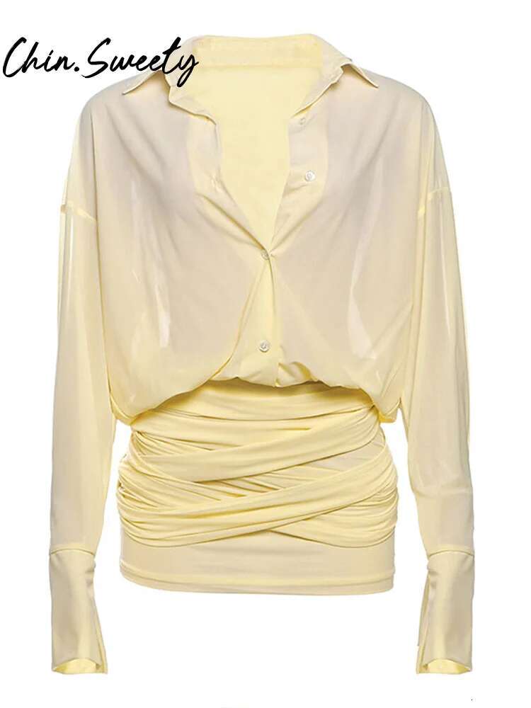 Elegant Light Yellow Women Shirt Dress Casual Lapel Single Button Pleated Female Dresses 2025 Spring Summer Urban Lady Min Robe