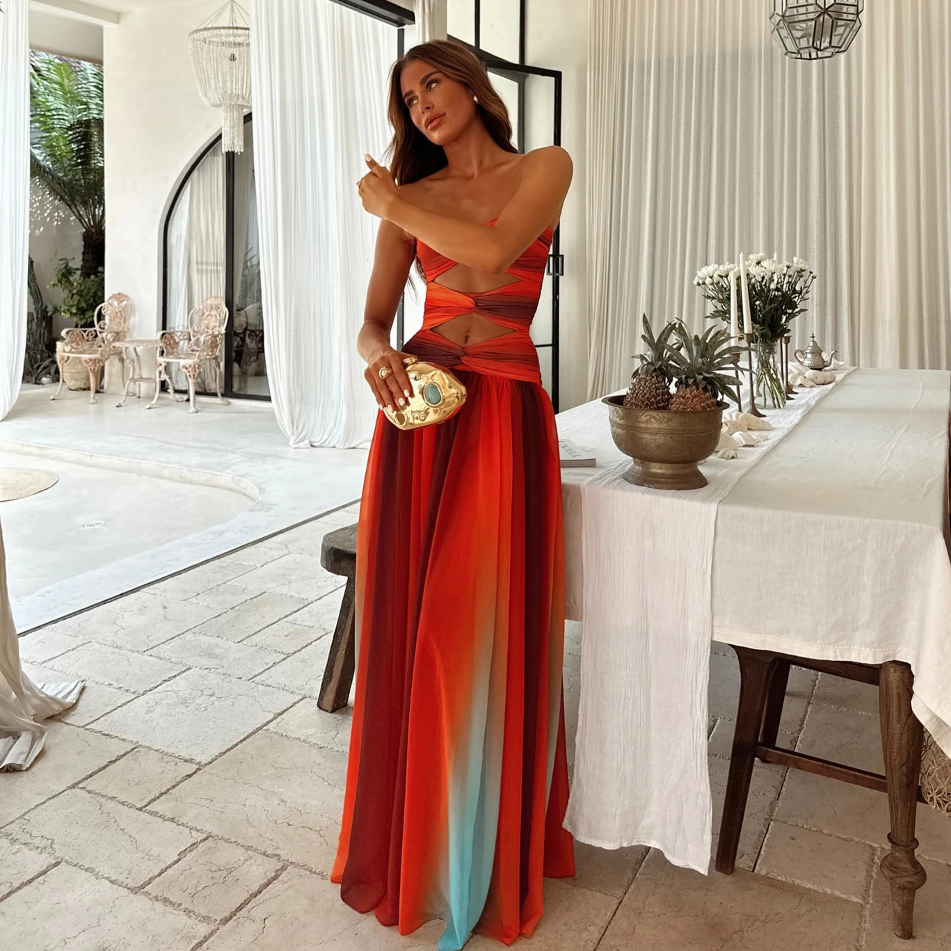 Sexy 3Pcs Bikini Hollow Out Swimsuit Women Swimwear Female Gradient Swim Suit Long Skirt Off Shoulder Biquini Bodysuit Beachwear 250225