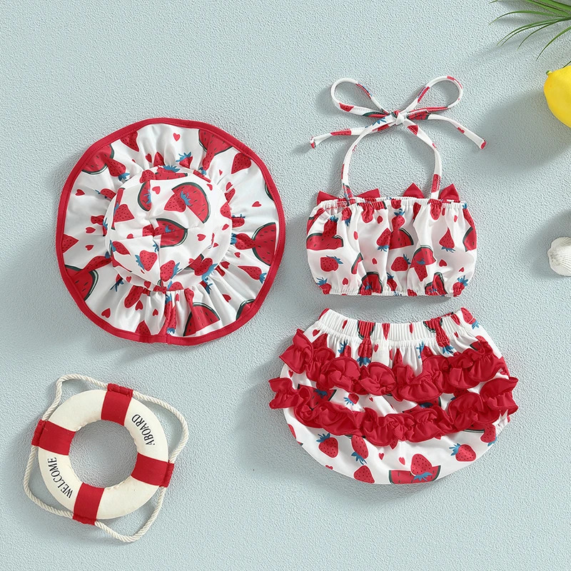 Citgeett Summer Infant Baby Girl Swimsuits Fruit Print Bandage Halterneck Sleeveless Tops Beach Shorts and Hat Swimwear 250225