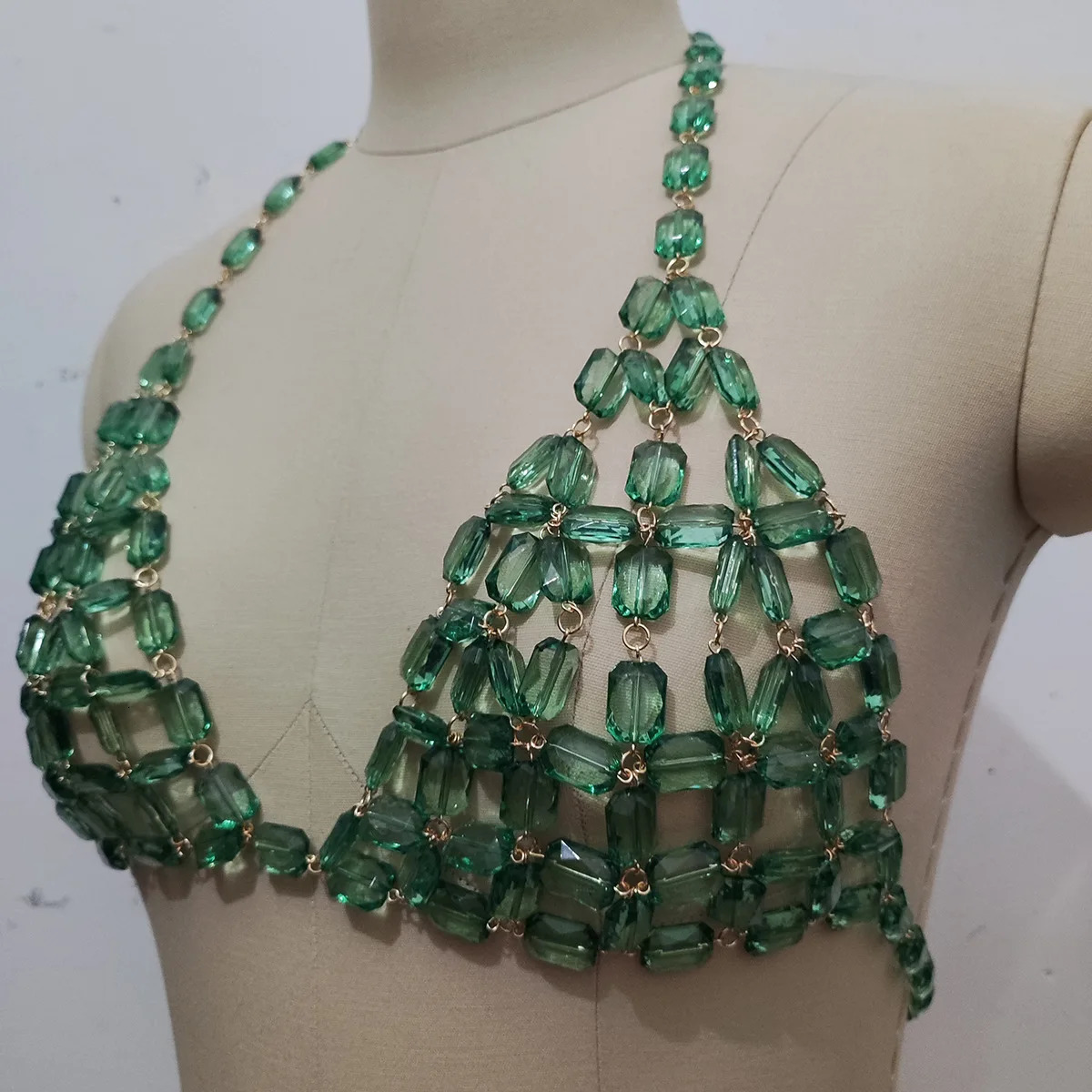 Sexy Green Beaded Crystal Camisole Chest Bra Lingerie Chain Women Bikini Elegant Festival Nightclub Body Jewelry Y2K Accessories 250225