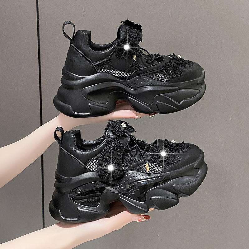 Women Platform Casual Breathable Crystal Flower Shoes Summer Chunky Sneakers 7.5CM Hidden Heels Hollow Leisure Shoes Woman Fashionable sports sandals