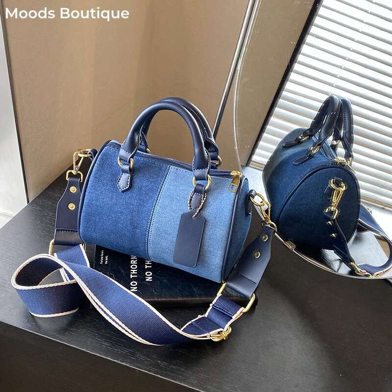 New Collage And Color Blocked Women's Mini Multifunctional Handbag Denim Diagonal Shoulder Bag Casual Street Small Boston Bag, 2025 Designer Wall