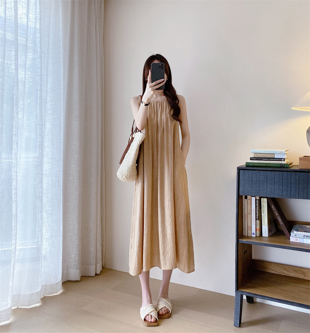 H4118 Lazy holiday style seaside linen dress halter neck suspender sleeveless vest dress female summer