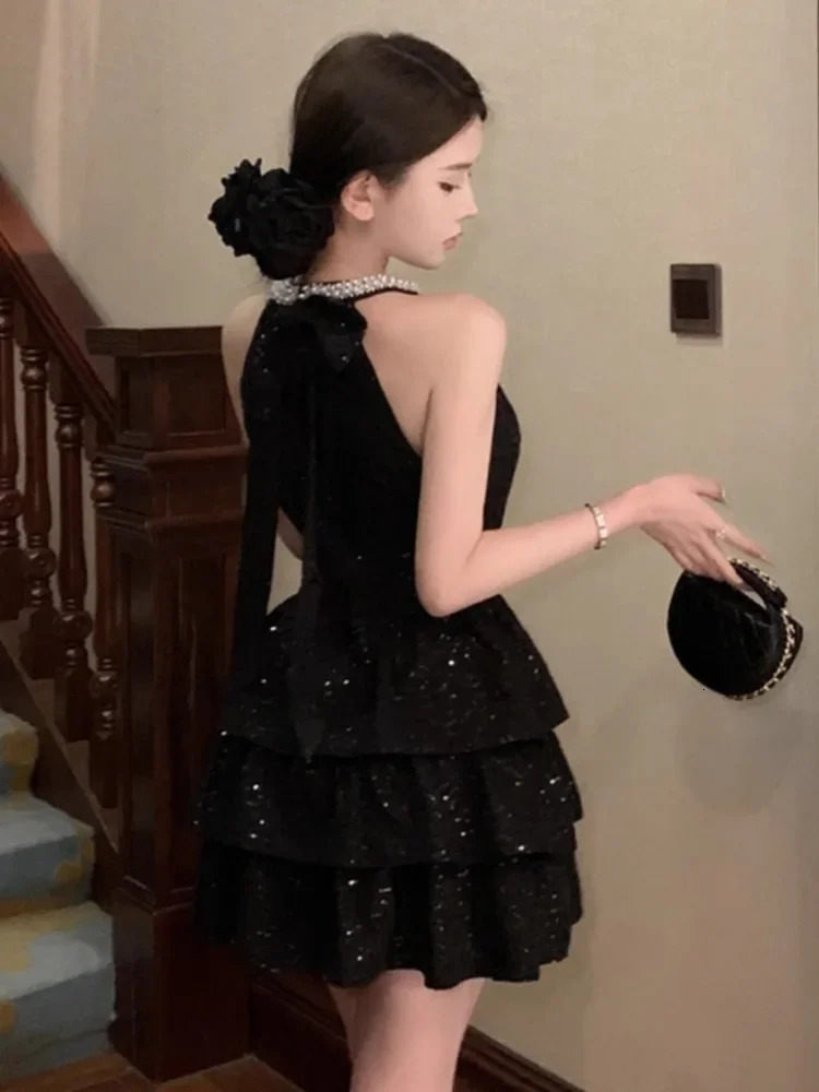 Ezgaga Woman Dress Sleeveless Sequins Rhinestone Halter Hollow Out Slim Ruffles Bowknot Vintage Elegant Mini Dresses Sexy Ladies 250225