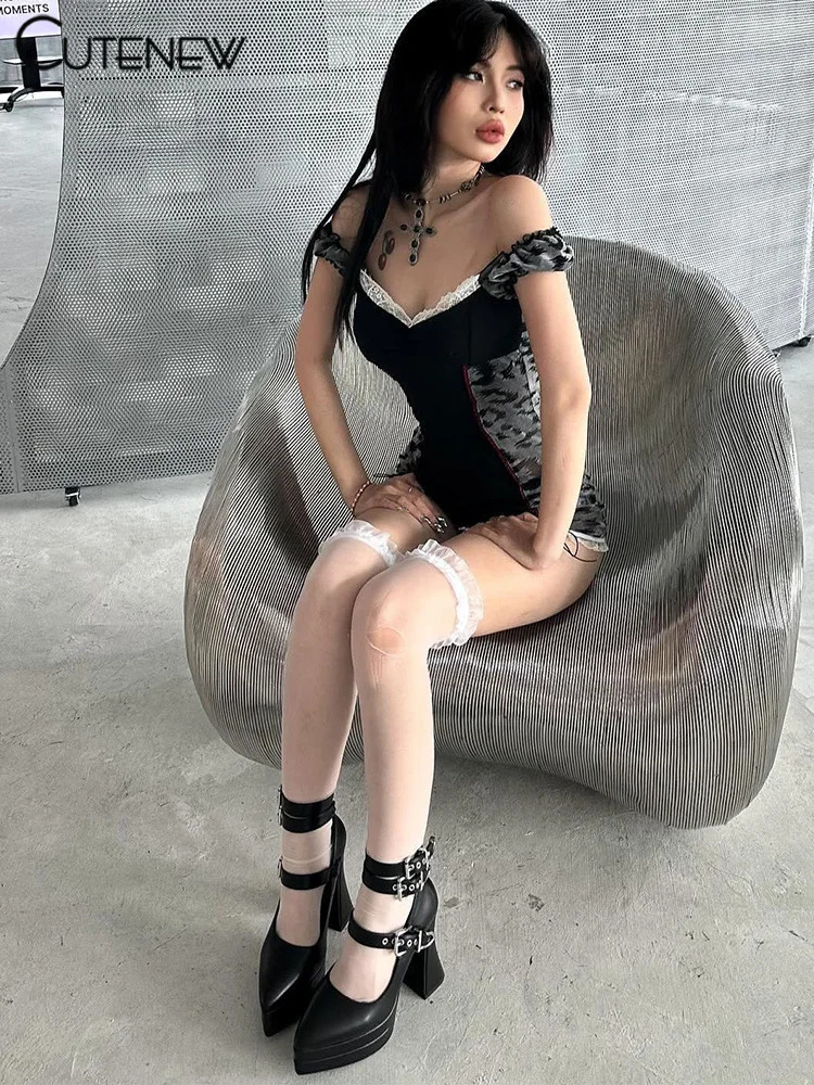 Cute mesh splicing work chic Playsuits womens fashionable summer bandages sleeveless U-neck ultra-thin jumpsuit womens summer streetwear 250225