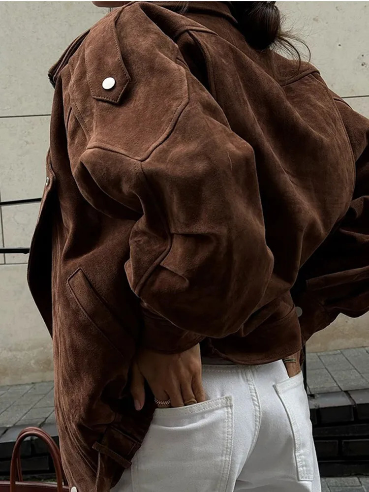 Chic Brown Suede Cropped Casual Coat Vintage Lapel Solid Color Zipper Short Jacket 2025 Autumn Woman Padded Shoulder Jackets 250225