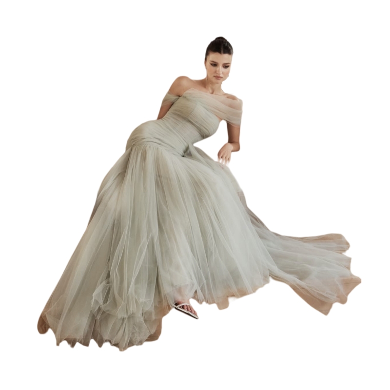 Elegant Off Shoulder Pleats Mermaid Prom Dresses Long Tulle Simple Formal Evening Gown For Ladies 2025 Bride Reception Dress