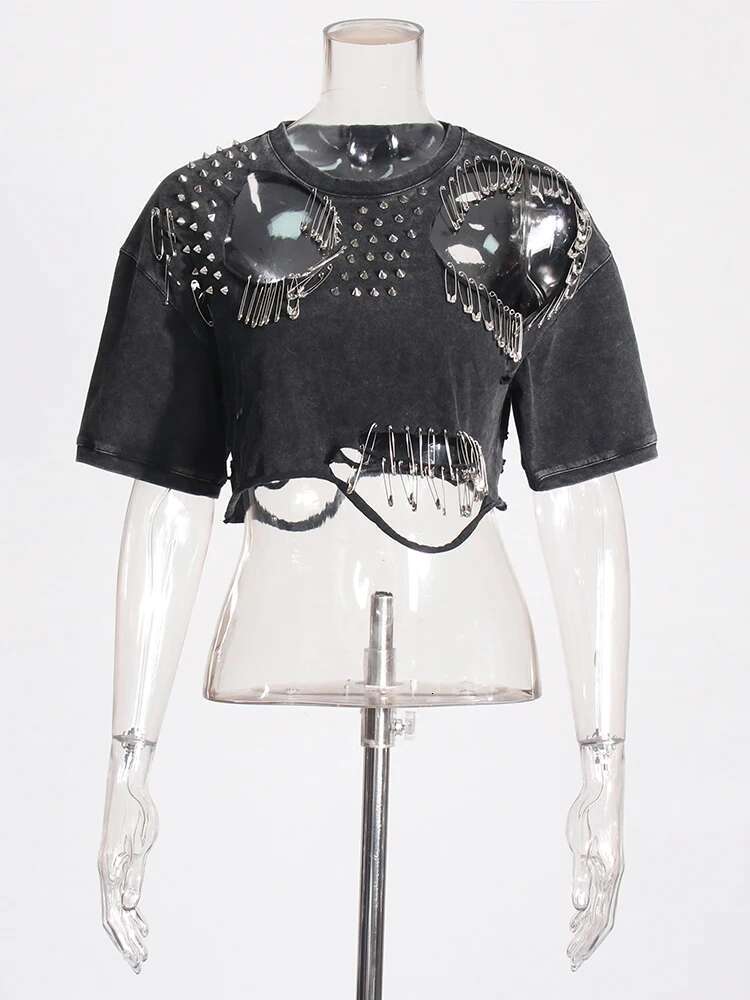 Solid Hollow Out Sexy T Shirts For Women Round Neck Short Sleeve Spliced Rivet Streetwear Designer Crop Top Female