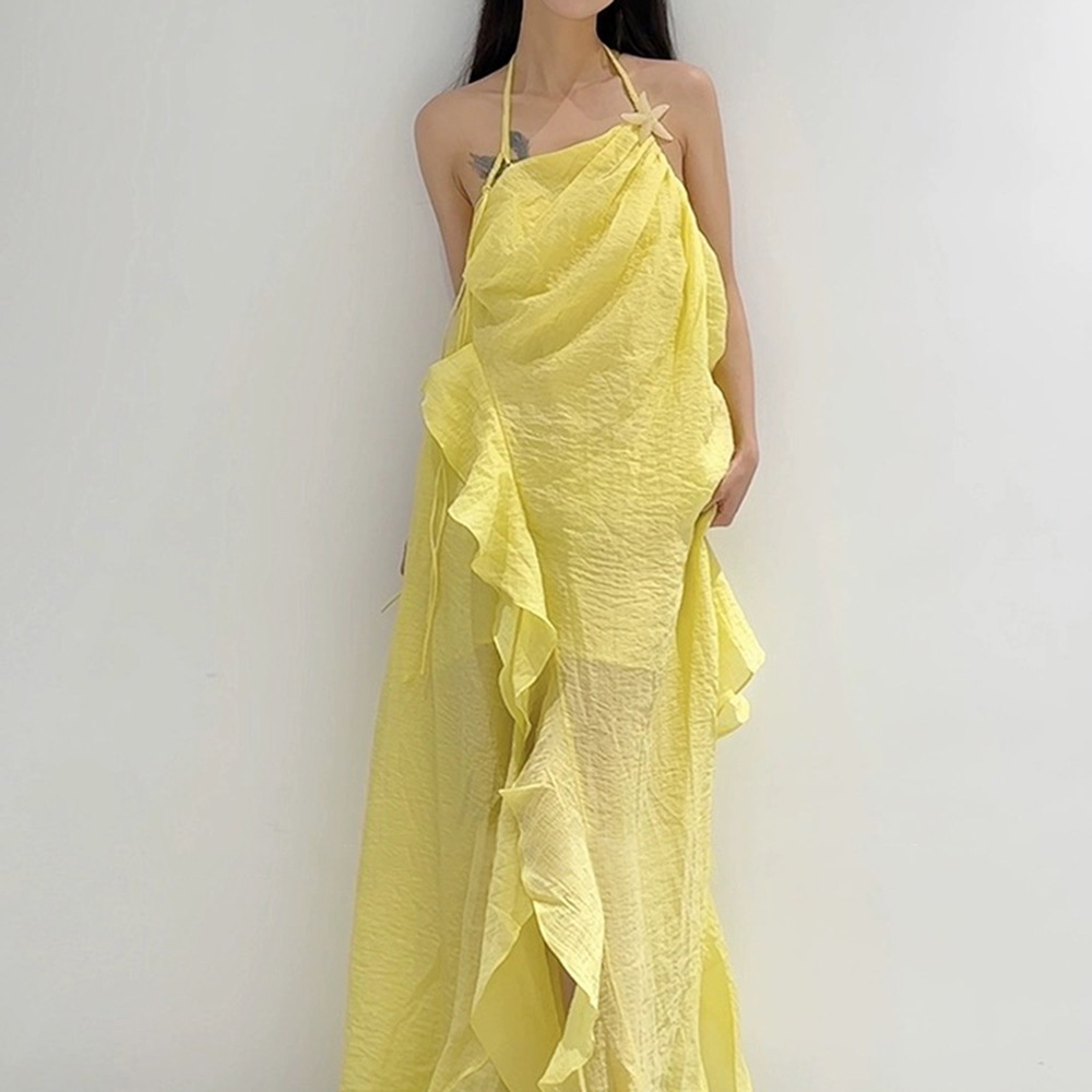5A master quality H6850 New style ruffled oblique collar halter neck backless long dress seaside holiday style atmosphere dress