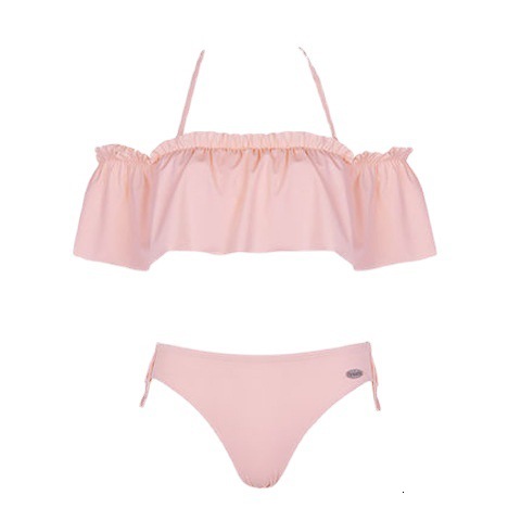 New one line neckline with exposed shoulder lotus leaf edge, sexy and cute bikini small chest gathered steel support swimsuit for women's swimwea