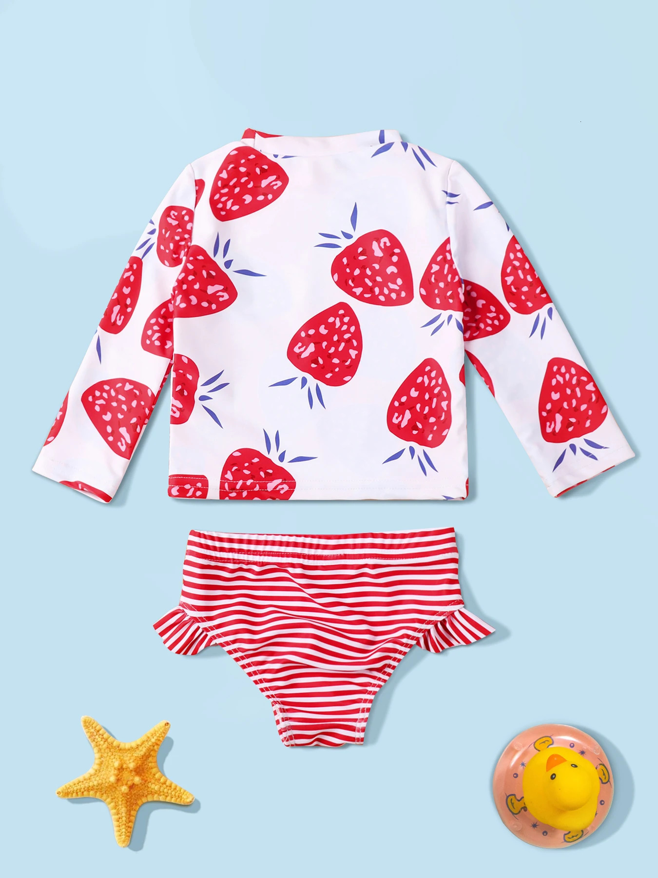 Baby Girls Two Piece Swimsuit Strawberry Print Swimwear Kids Swimming Clothing Long Sleeve Summer Beachwear Bathing Suit 250225