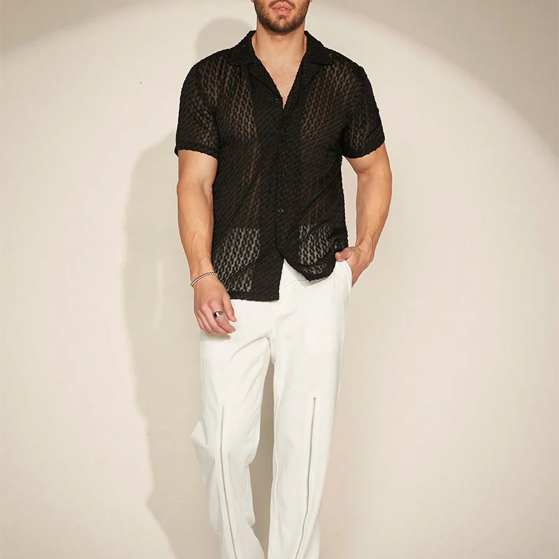 Fashionable hollow jacquard mesh shirt mens short sleeved button top transparent sexy summer mens breathable cardigan 250222