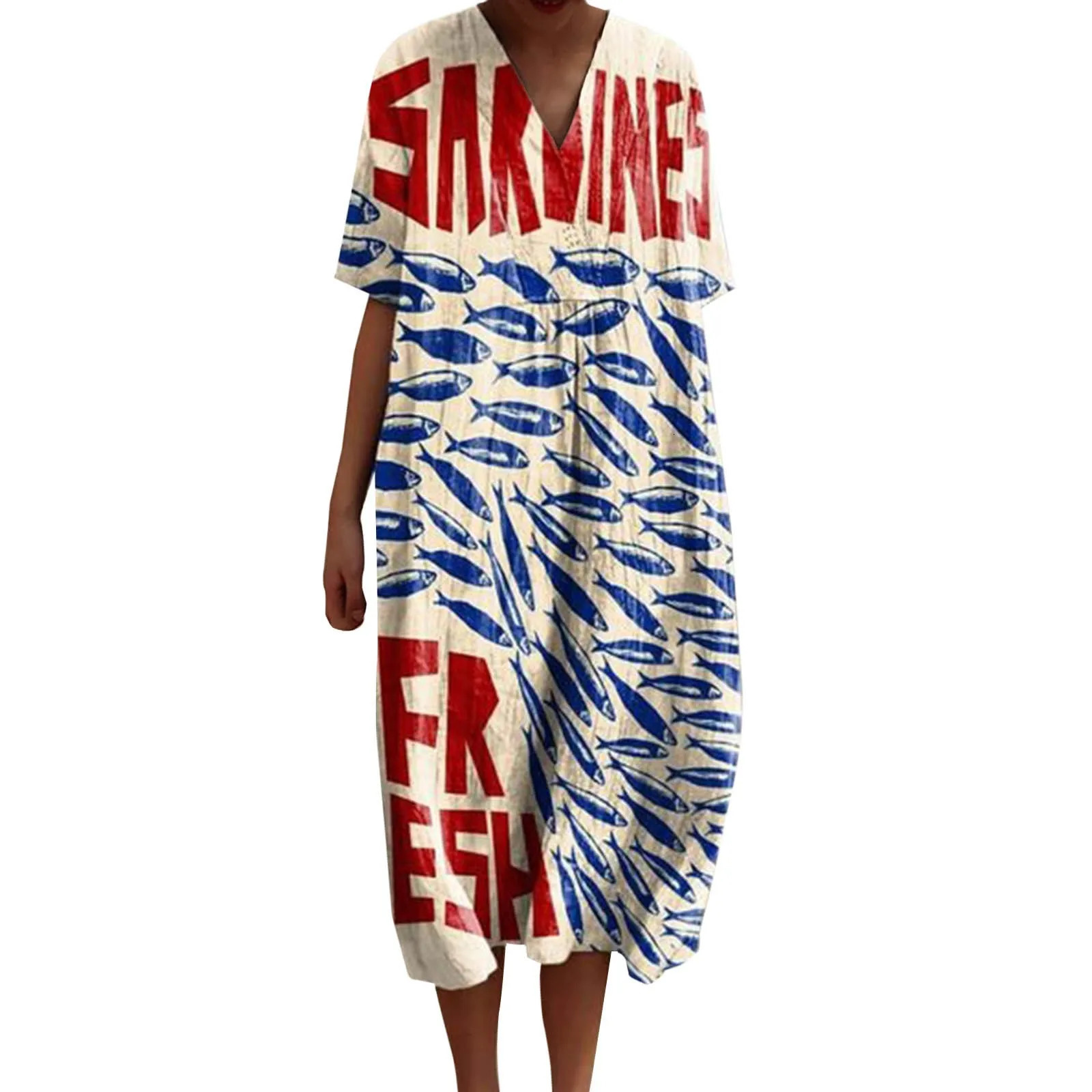 WomenS Vintage Ocean Fish Art Print V-Neck Half Sleeve Flowy Dress Bohemian Style Casual Loose Lady Long Dress Beach Party 250225