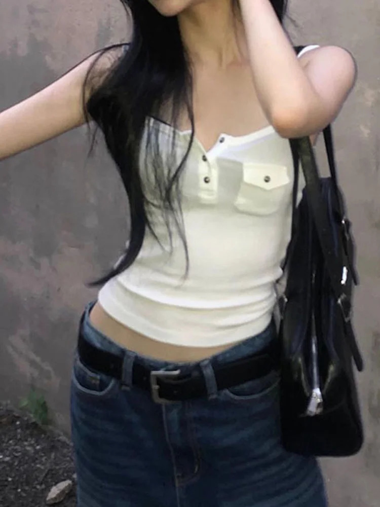 Casual solid pocket Camis top sexy slim sloping collar sleeveless vest Toops 2025 summer fashion streetwear women 250224Z