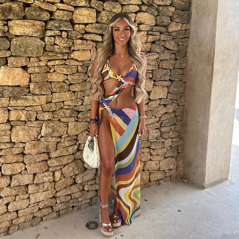 Sexy stripe starfish 3 Pieces Bikinis Swimsuit For Women Swimwear Brazilian Bikini Set Biquini Female Swimuits Beachwear 250225