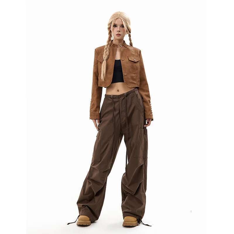 Deeptown Vintage Parachute Pants Women Y2k Streetwear Oversized Brown Trousers Korean Style Cargo Joggers Hippie Haruku Grunge
