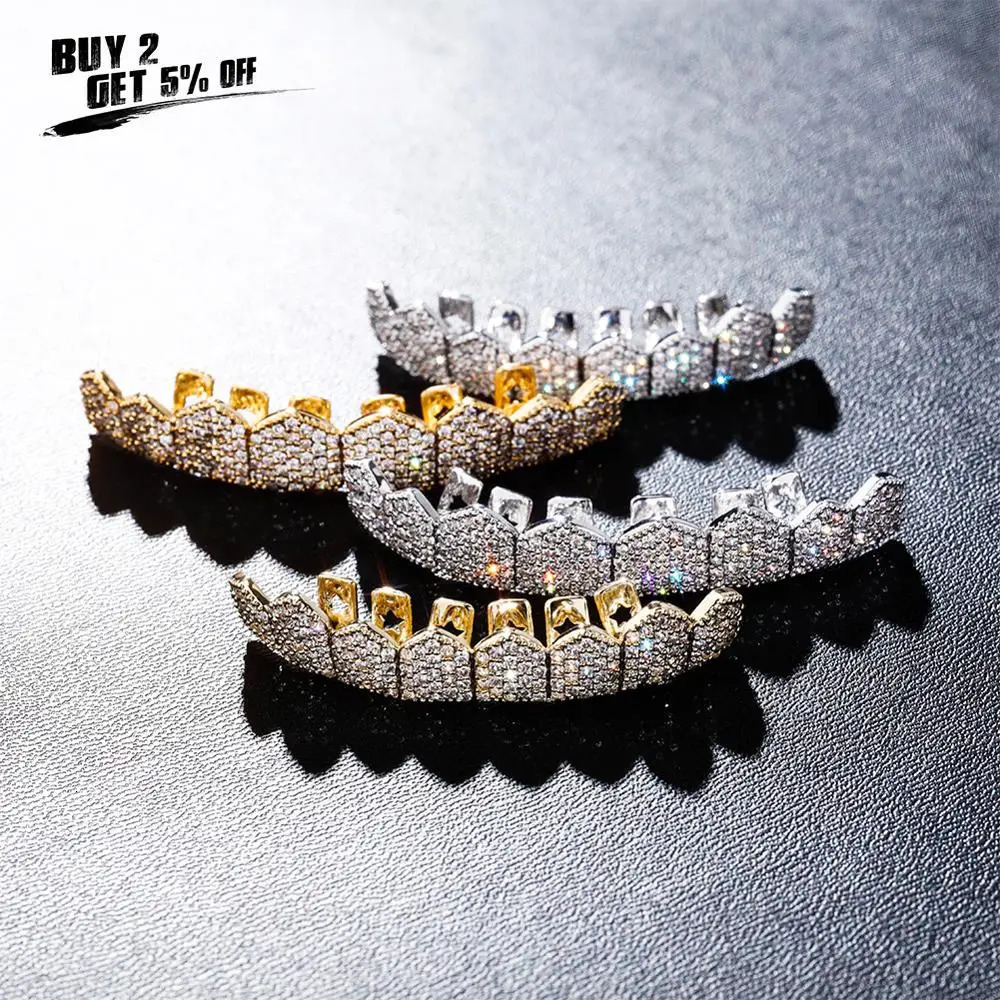 JINAO Gold Silver-Color Iced Out Gold Crystal Jewelry Top Bottom Grills Teeth Body Jewelry Hip Hop Bling Cubic Zircon 250220