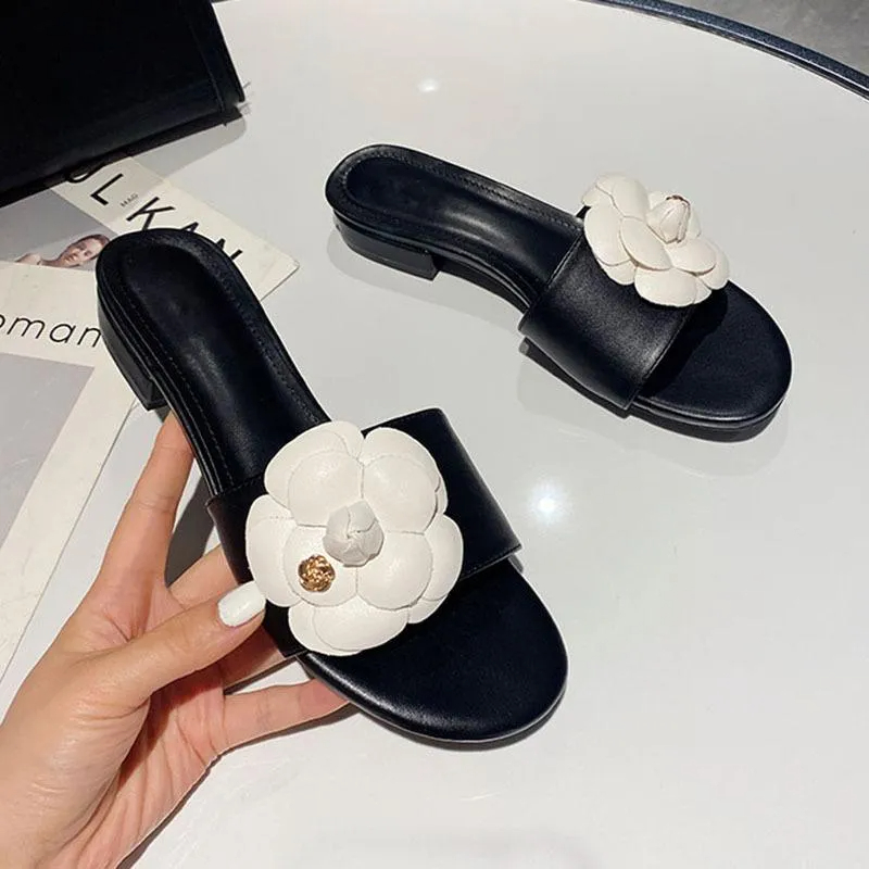 Chic Low-Heeled Ladies' Summer Footwear with Metal Floral Details Designer Camellia Sliders