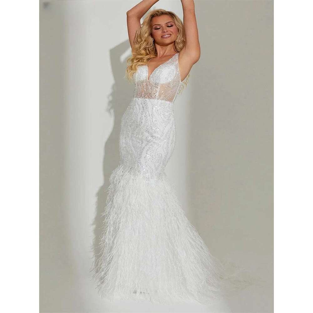 White Feather Mermaid Tail Party Sparkly Sequins, Deep V-Neck Prom Dress, Sexy Sleeveless Dress