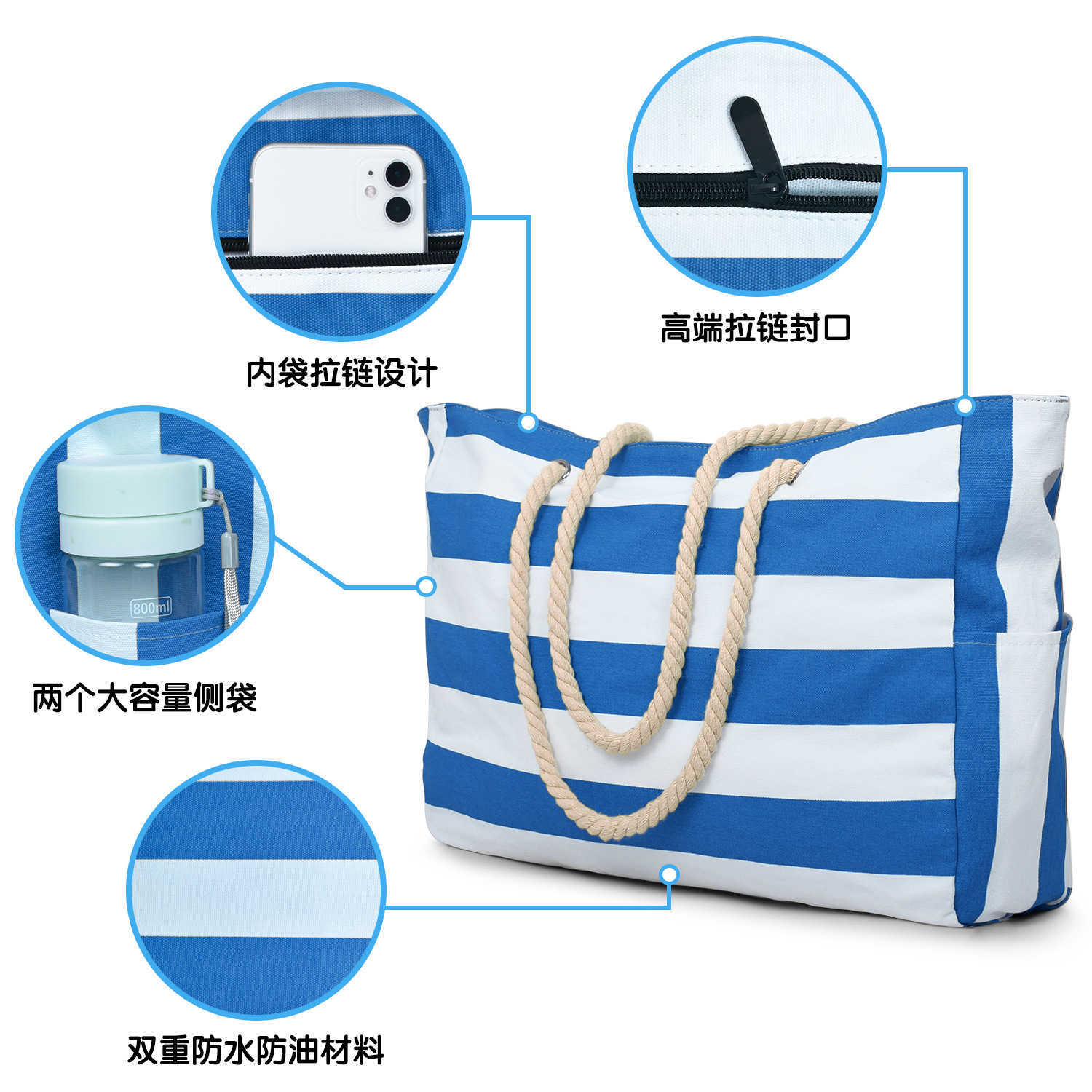 Large capacity striped canvas beach bag, with a super thoughtful handheld design 250215