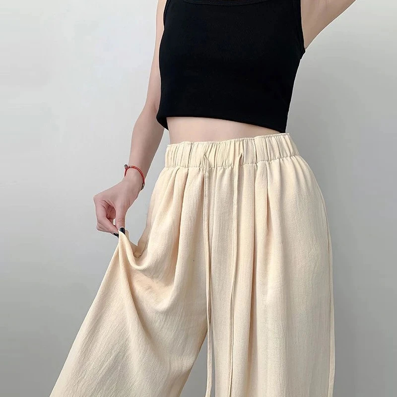 Back to School Summer Womens Fashion Thin Japanese Ice Silk Wide-Leg High-Waisted Straight Draped Anti-Wrinkle Casual Pants 250226