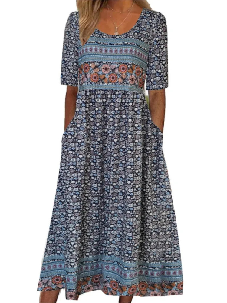 Summer O-neck Short Sleeve Bohemian Maxi Dress Women Fashion Flower Printing Vintage Female Dress Casual Holiday Dresses 250225