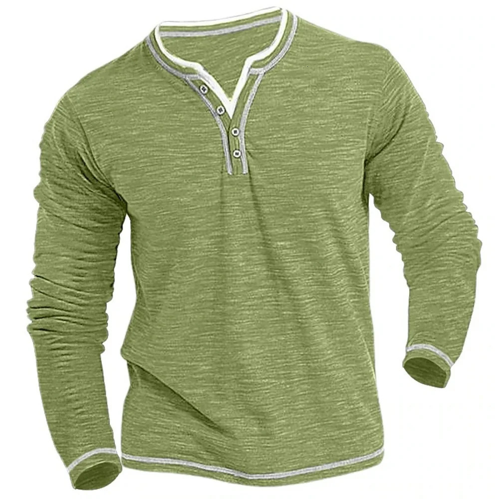 Cotton Small V-neck T-shirts Mens Casual T-shirt Fall Winter Long-sleeved Comfortable Soft Stretch Henley Shirt 250225