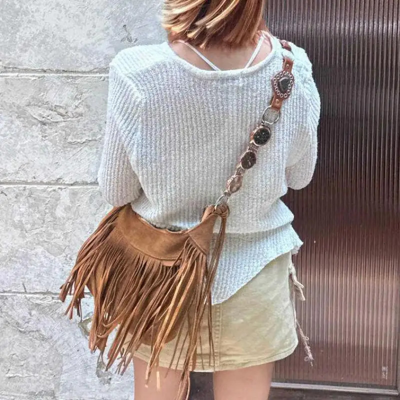 Original Tassel Decoration Suede Frosted Leather Women Bag Metal Clock Shoulder Strap Single Shoulder Crossbody Bag Trendy 250225