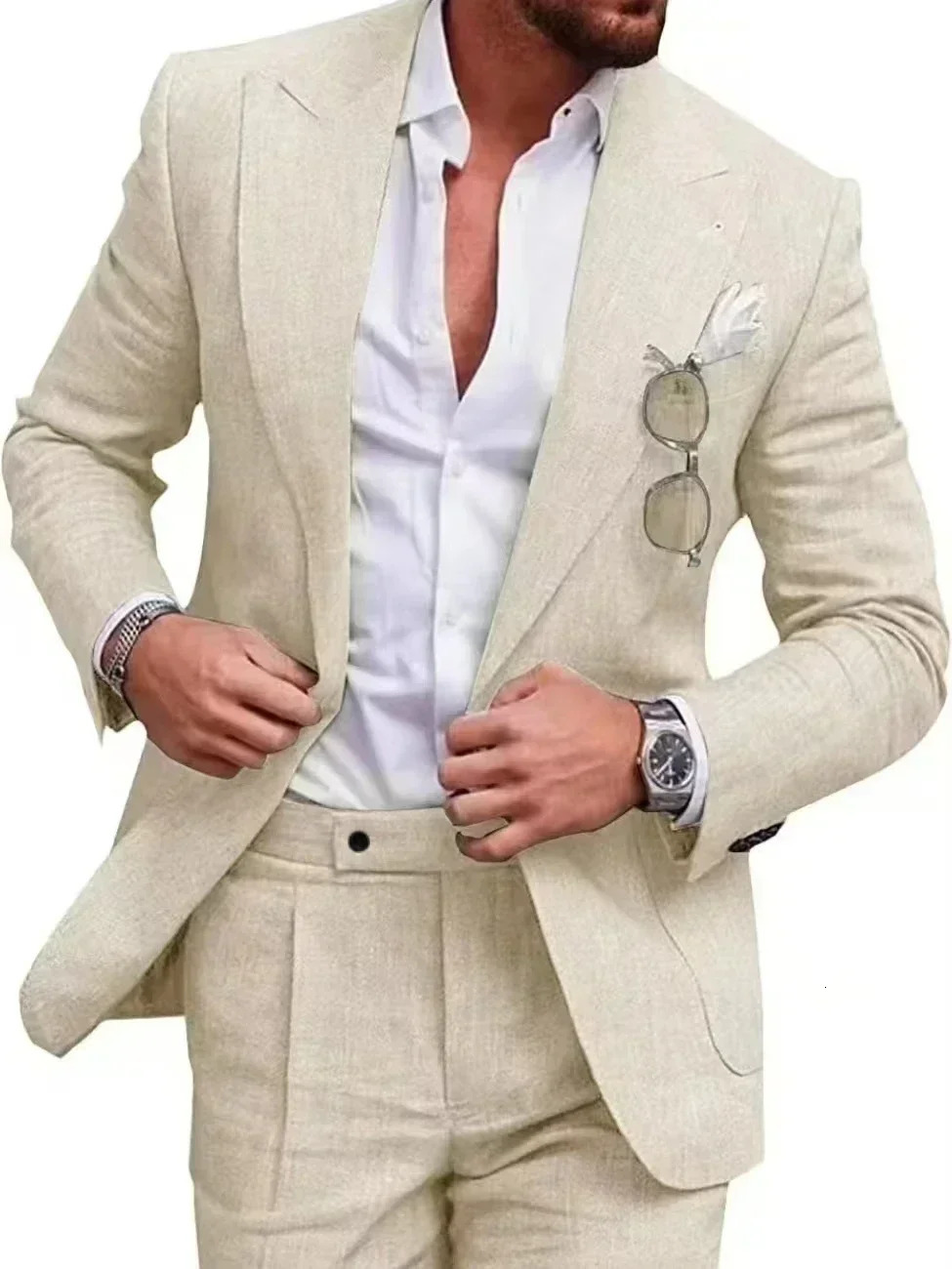 Summer Beach Party Attire single button two-piece sports jacket regular set elegant mens wear suitable for groom linen set 250224