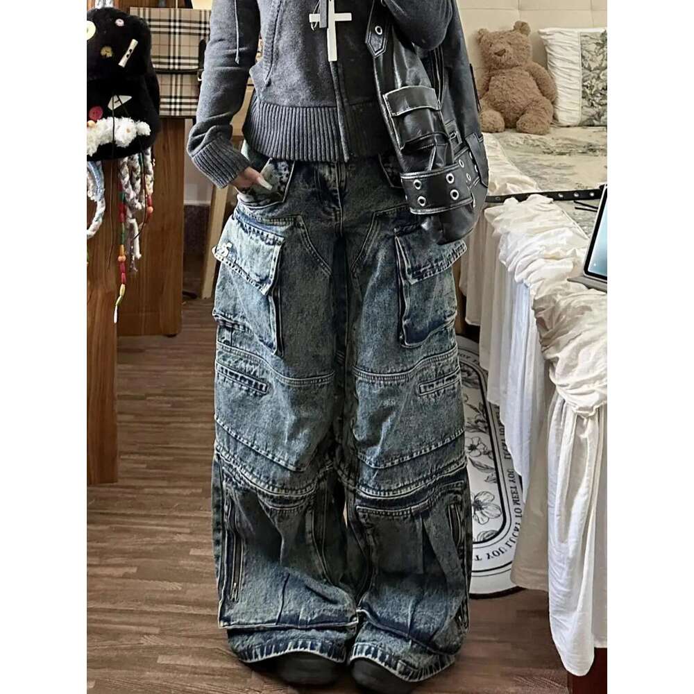 MDNG Stylish Street Multi-Pocket High Waist Cargo Pants Women American Vintage Wide Leg Haruku Hip Hop Y2k Jeans