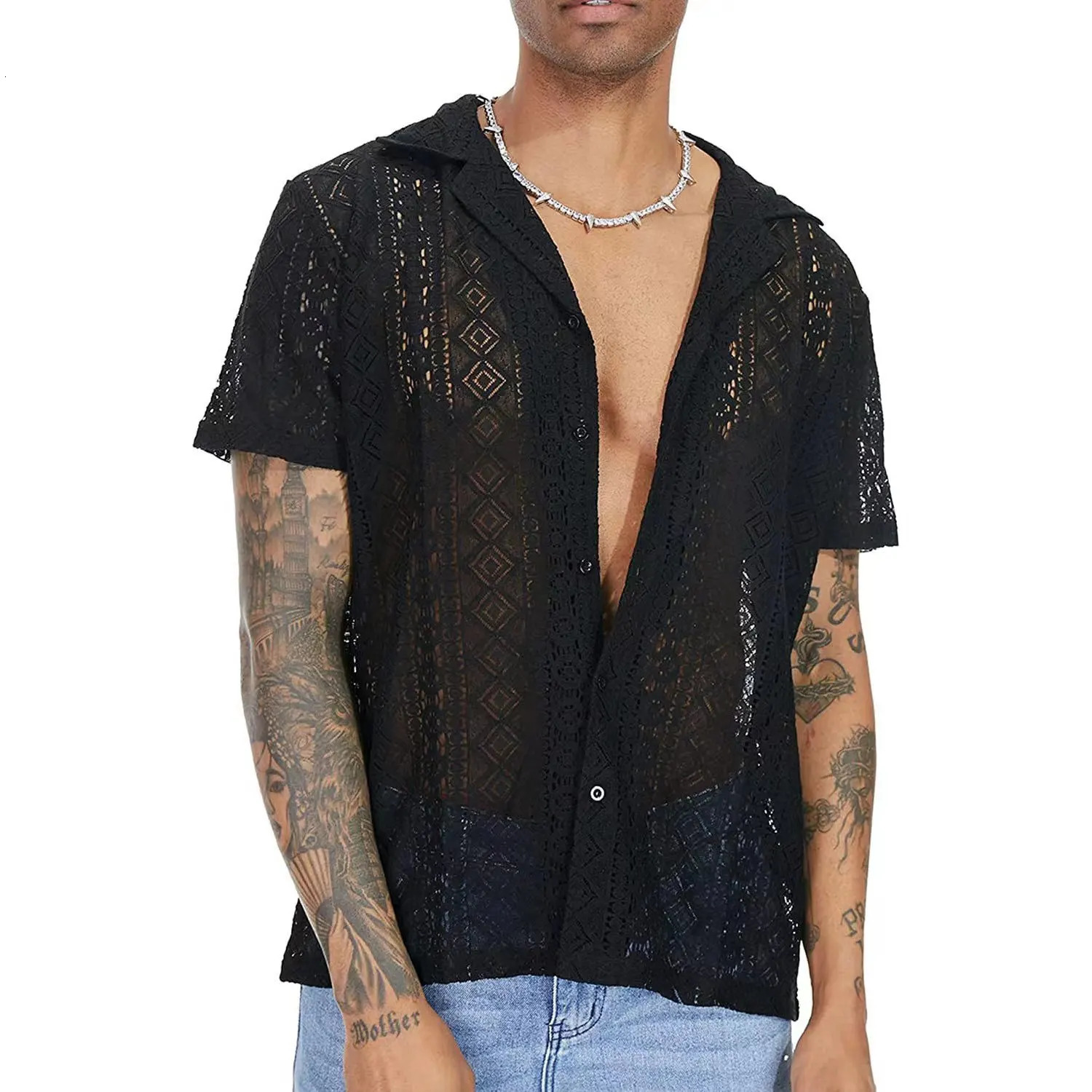 Summer Fashion Casual Style Mens Tops Hollow Out Lace Pane Solid Printed Sexy Blouse Male Knitted Short-sleeved Shirts 250222