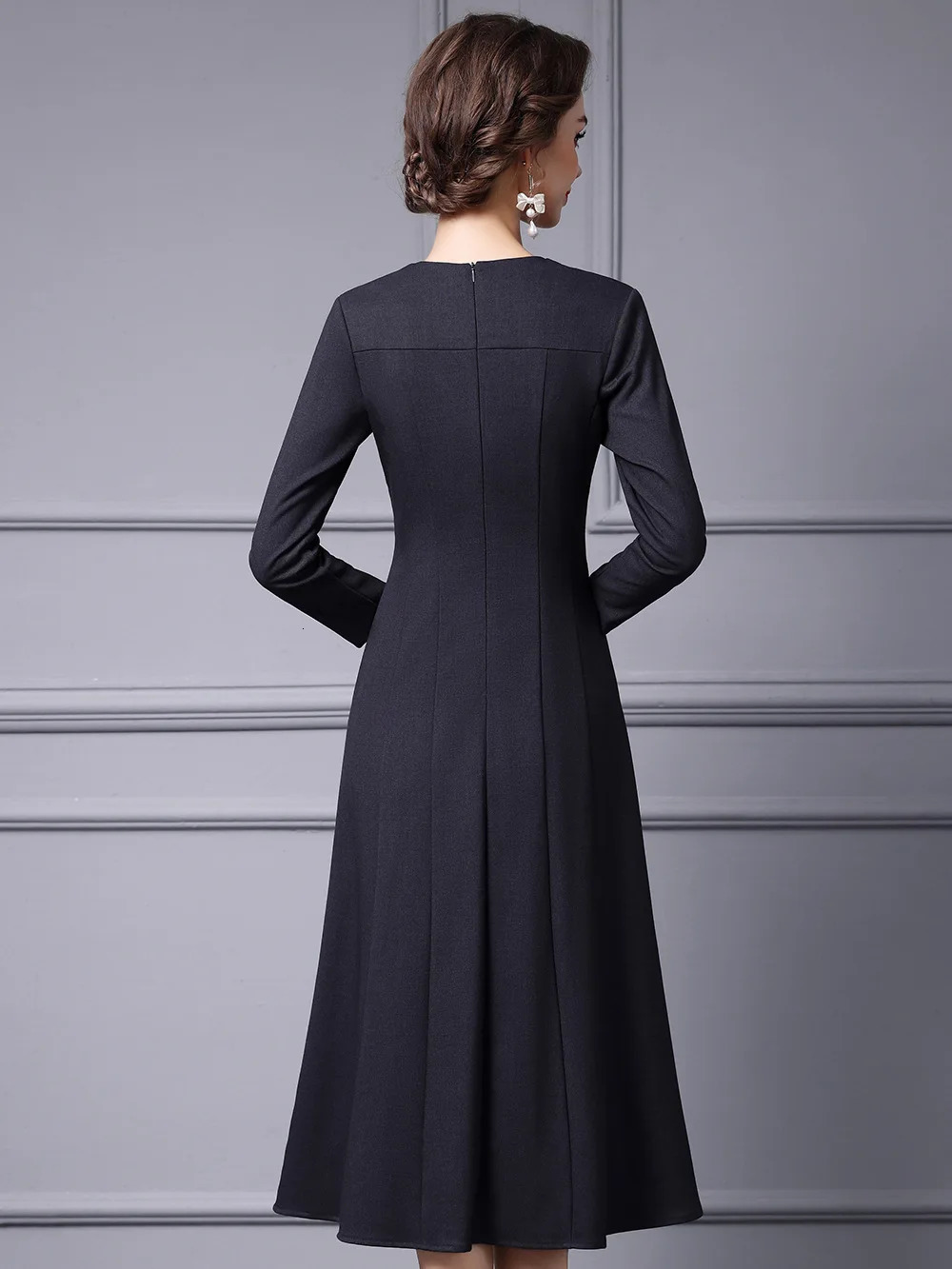 ZJYT Arrivals Spring Dresses for Women 2025 Runway Fashion Long Sleeve Brief Casual Midi Dress Aline Grey Vestidos Female 250225