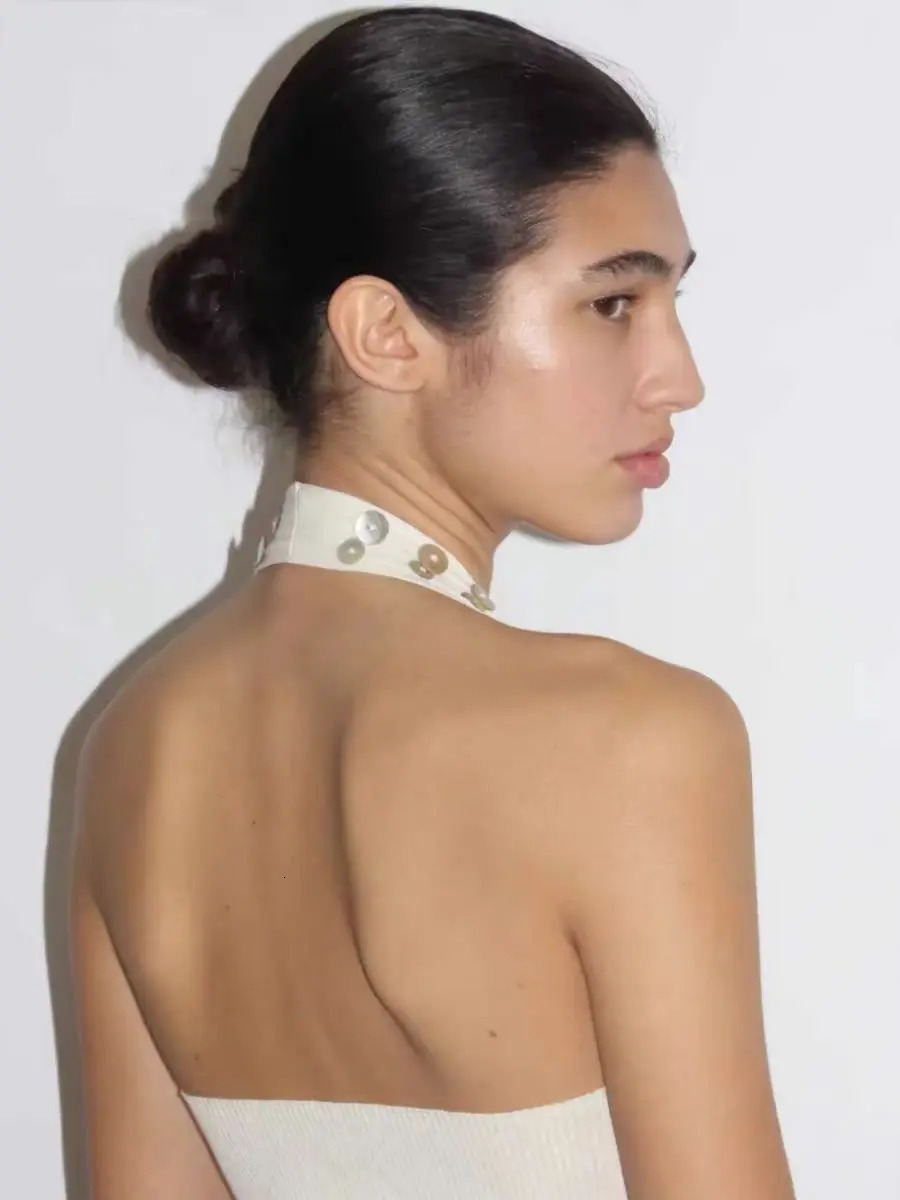 Spanish irregular mother of pearl sequin decorative thread knitted hanging neck vest top for women 250225