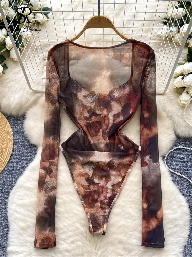 SINGREINY Mesh Print Sexy Bodysuit Square Neck Long Sleeves Open Crotch Slim Jumpsuit Women Tie Dye Retro Sheath Playsuits 250225