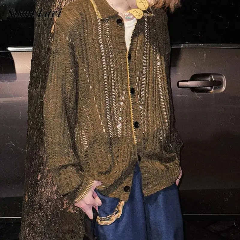 Spring Fall Trendy Mens Knit Shirts Fashion Hollow Out Solid Color Button-up Knitting Cardigans Men Clothes Vintage Shirts 250222