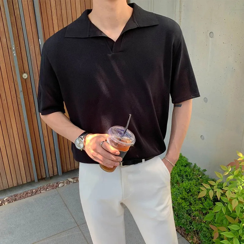 Mens Light Leisure Solid Color V-Neck Knitted Polo Shirt Short Sleeve T-Shirt for Men Breathable Fashion Knitwear 250225
