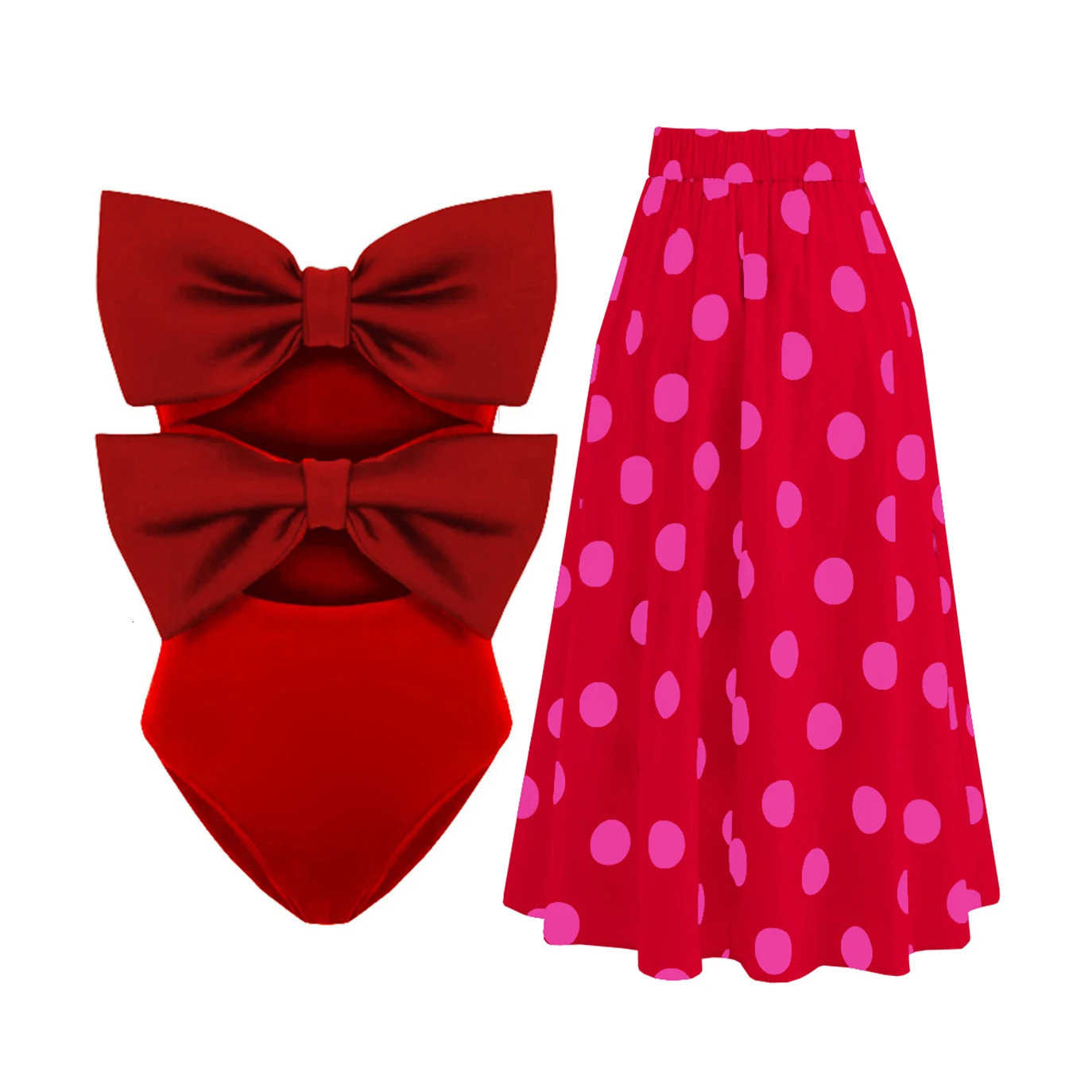 2025 Black Retro One Piece Swimsuit Women Bow Tie Swimwear with Skirt Sexy Hollowen Bathing Suit Monokini Beachwear Bodysuit 250225