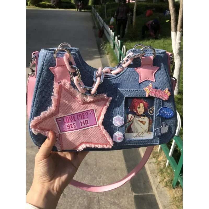 Summer Fashion Casual Cool Dark Diagonal Cross Bag Hip-hop Style Denim Pink Women's Designer Bag Star Chain Armpit New Large Capacity Handbag Wal