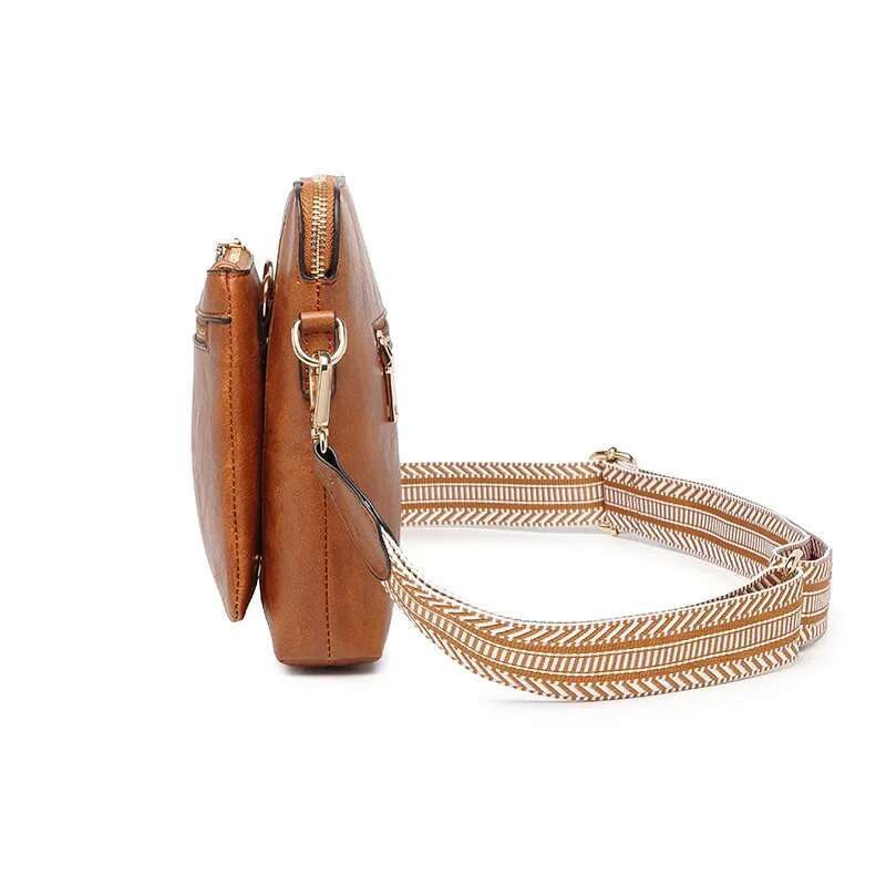 Vintage Multi-Functional Messenger Wide Shoulder Strap Design Women's Detachable Soft Pu Leather Crossbody Bag Solid Color