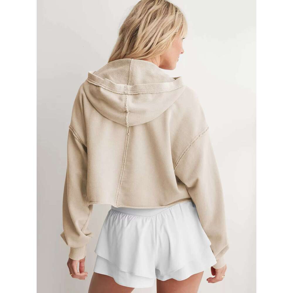 RTS Women's Spring Autumn Hooded Sweatshirt Long Sleeve Solid Color V Neck Crop Hoodie