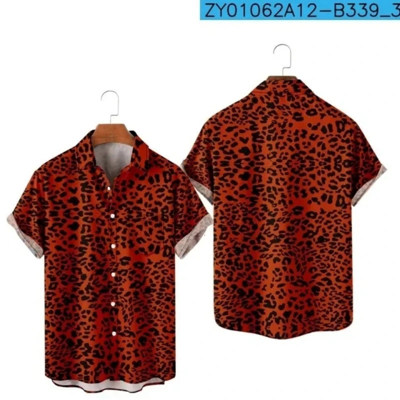 Mens Hawaiian T-Shirt Y2K Hombre Fashion Shirt Hawaiian Leopard Print 3D Print Cozy Casual Short Sleeve Beach Oversized Clothes 250226