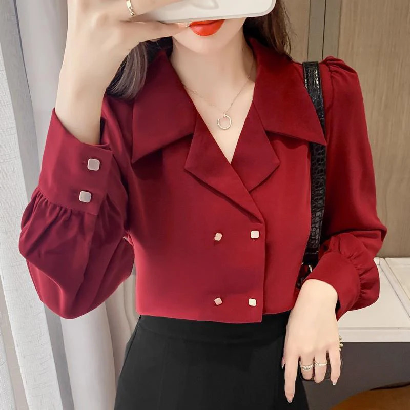 Double Breasted French Turn Down Collar Long-sleeve Solid Top Office Lady Shirt And Blouses Casual Woman Clothing Simple Elegant 250226