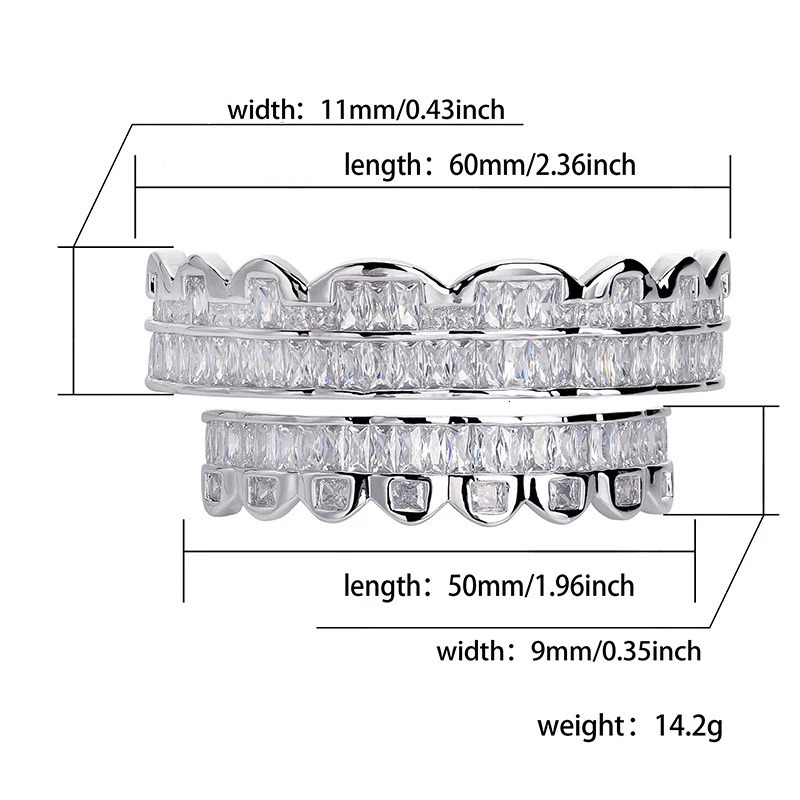 AZ Iced Out Teeth Square Zircon Stone Grills Teeth Jewelry For Men Women Rapper Top Bottom Caps Goth Fashion Jewelry 250220