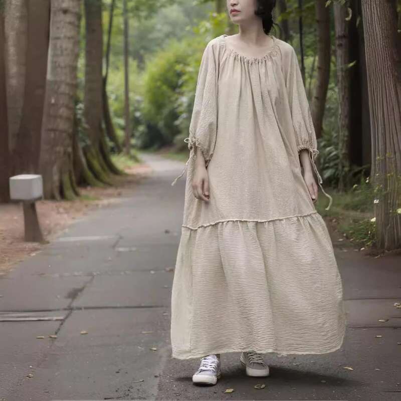 Women's Solid String Cotton En Dress Summer Quality Elegant Short Sleeve O-Neck Patchwork Maxi Haruku Plus Size Vestidos