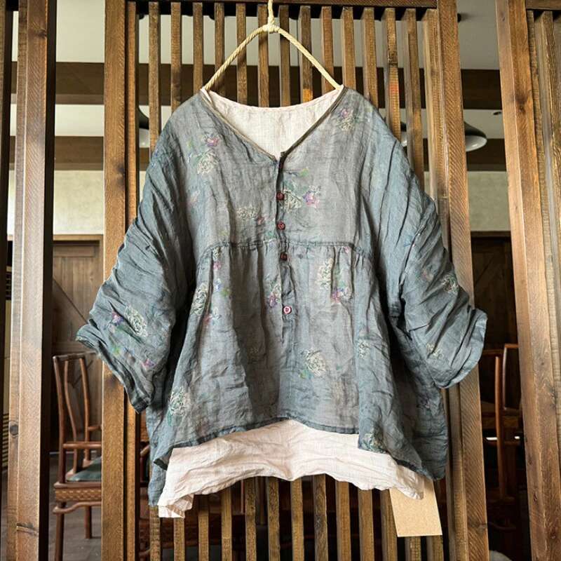 Women Loose Printed Ramie Blouse Ladies V Neck Thin Vintage Shirt 2024 Long Sleeves Cute Mori Girl Clothing Summer Blusas Mujer