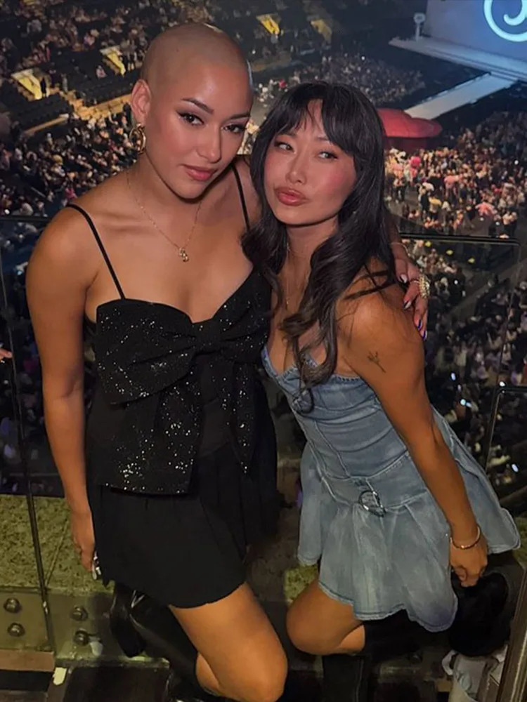 Sequined Big Bow Tank Tops Women Shinny Sleeveless Backless Pleated Zippers Party Camisole 2025 Spring Urban Streetwear Urban 250225