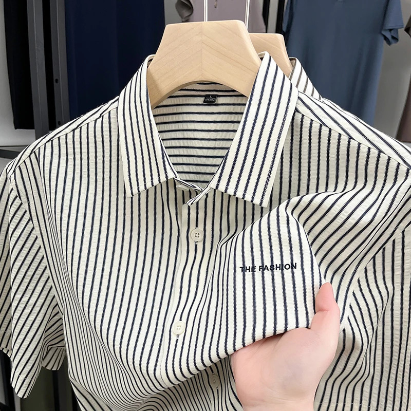 unique vertical striped mens short sleeve shirt summer 2025 fashion letter printed casual comfortable mens clothing 250226